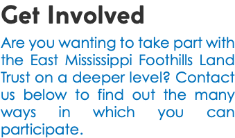 Get Involved Are you wanting to take part with the East Mississippi Foothills Land Trust on a deeper level? Contact us below to find out the many ways in which you can participate.
